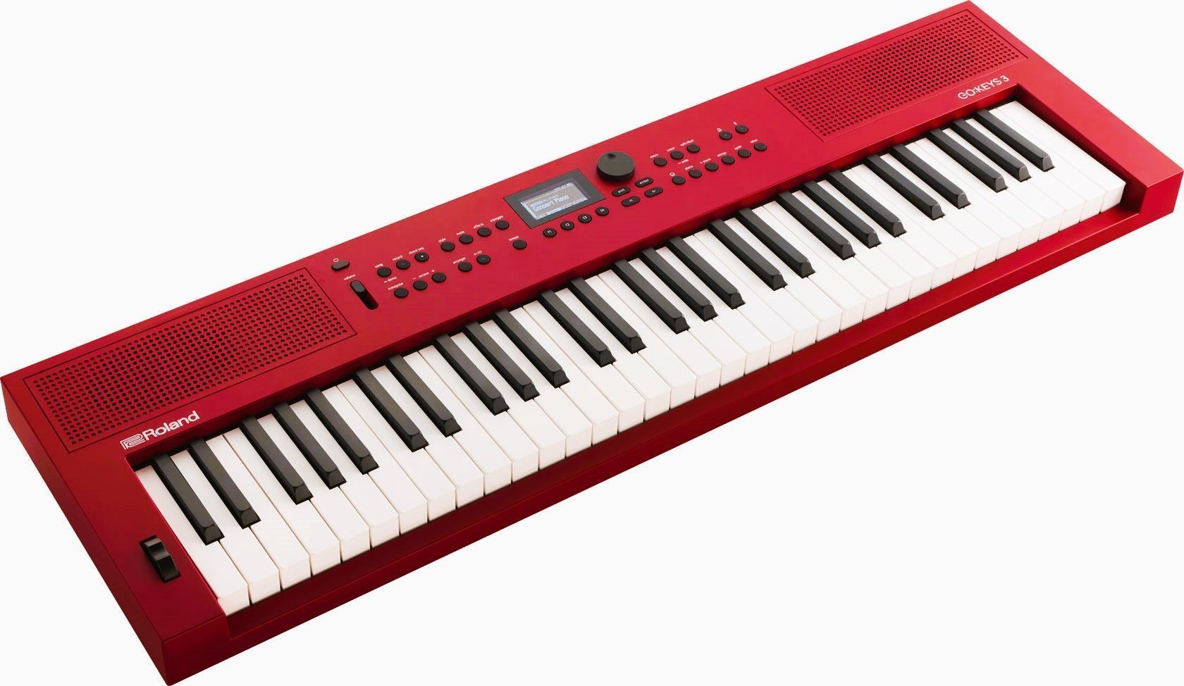 Red keyboard with white and black keys.