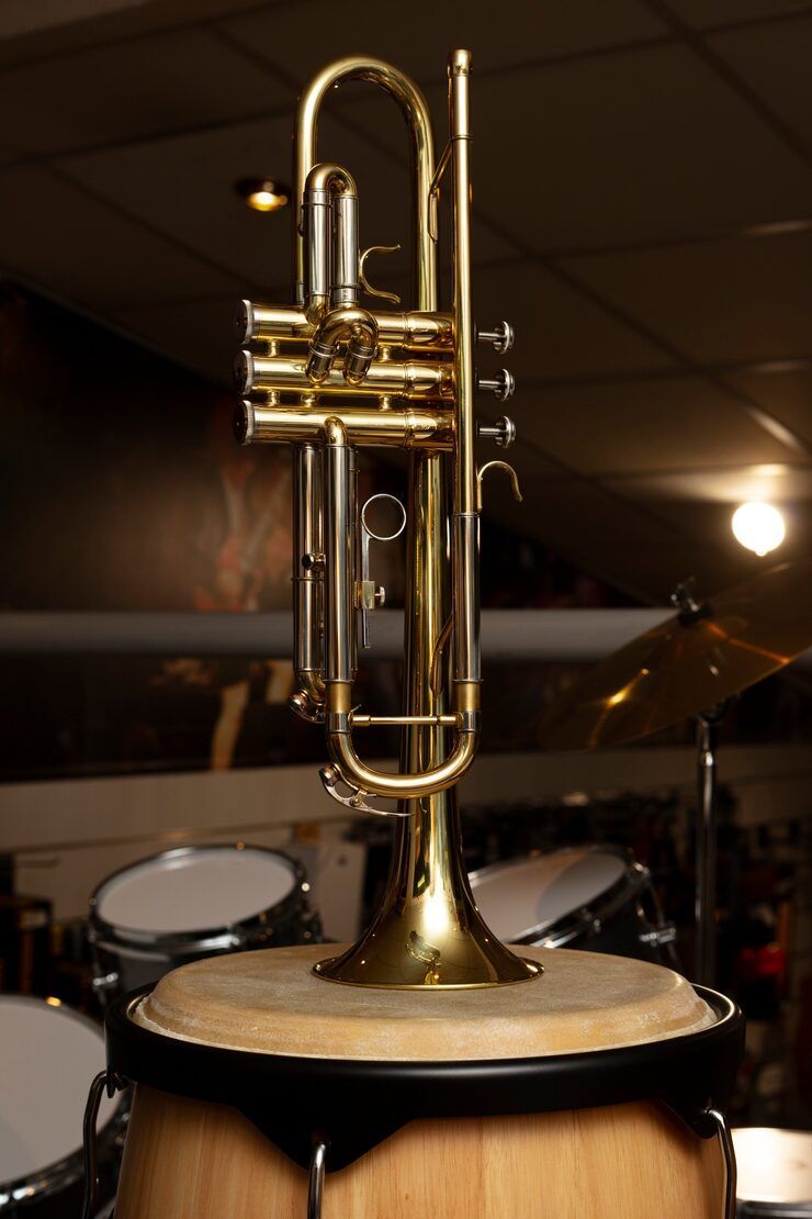 Trumpet resting on a conga drum; gold instrument, drums in background.