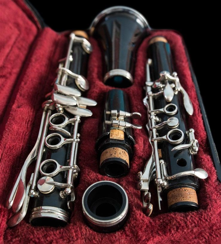 Clarinet disassembled inside a red case, with black and silver components.