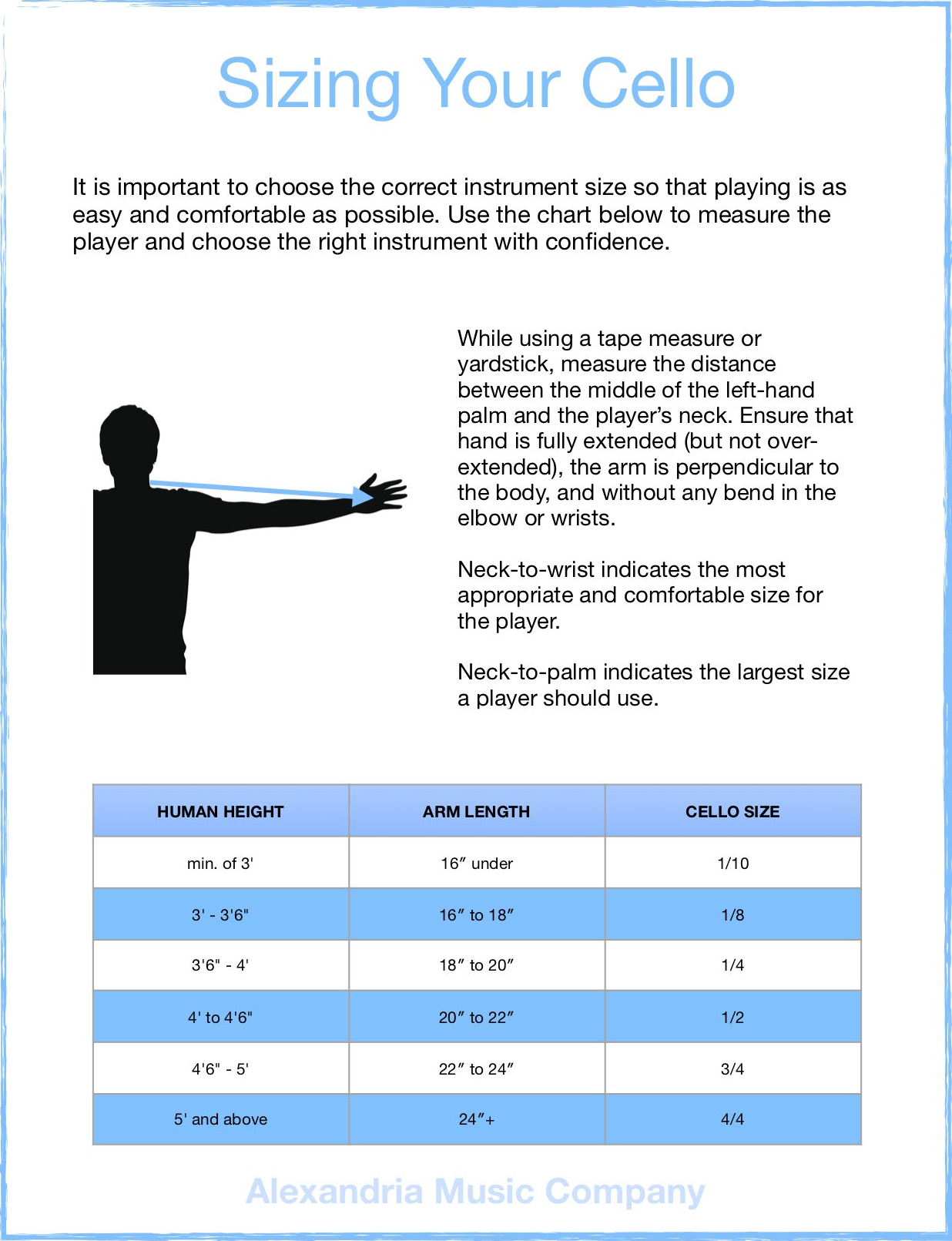 Guide for cello sizing. Shows how to measure arm length and recommended cello sizes.