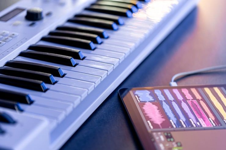 Keyboard and tablet with music production interface, on a desk.