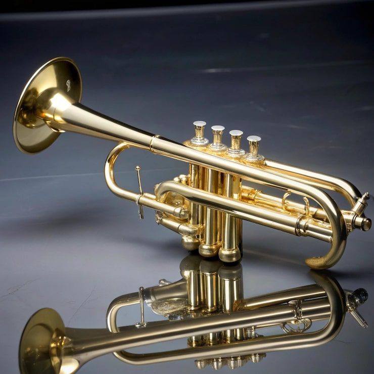 Golden cornet, reflecting on a glossy surface.
