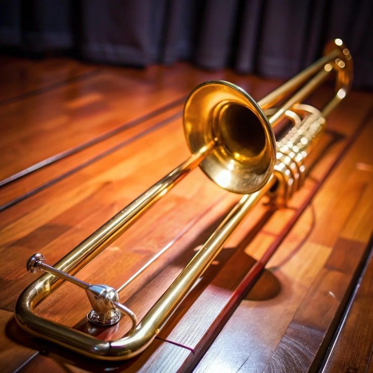 Gold trombone on a wooden floor, with a curtain in the background.