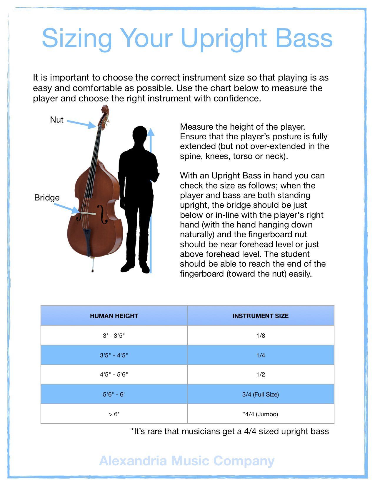 Guide for sizing an upright bass, with a height chart and a silhouette measuring a bass.