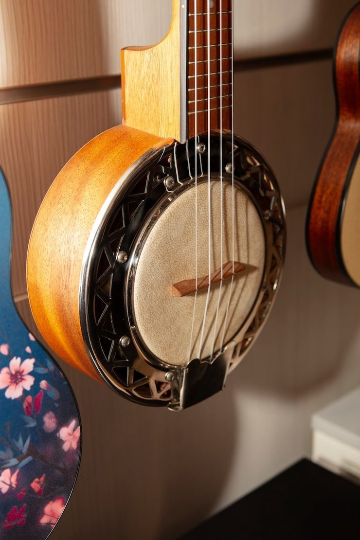 A banjo ukulele with a wooden neck and body, metal rim, and taut skin drumhead.