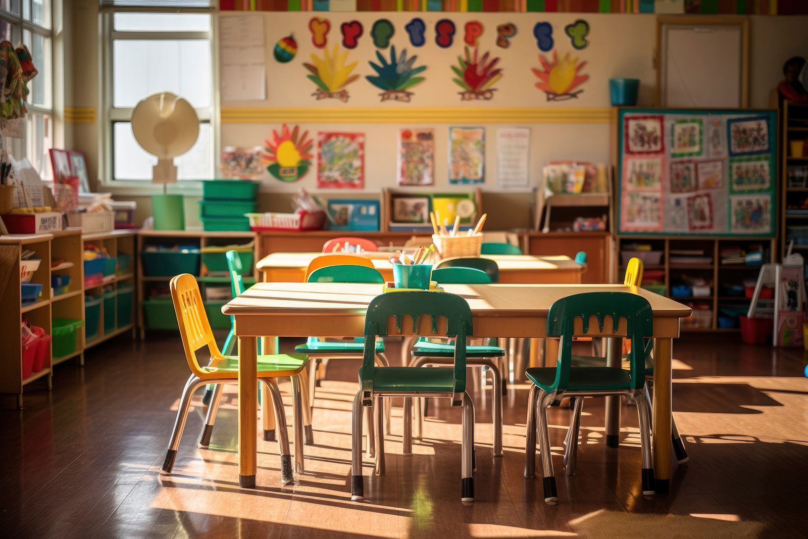 Aula vacía con mesas pequeñas y sillas de colores, decoraciones en la pared.