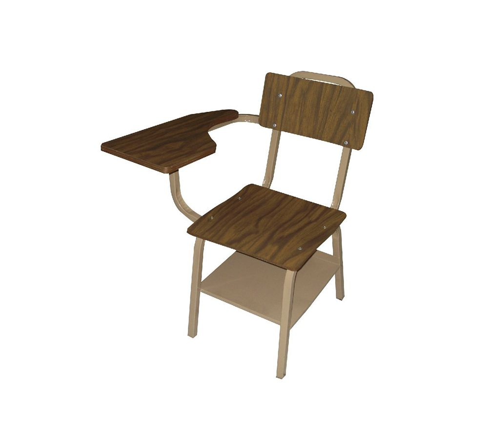 Pupitre escolar de madera con asiento y superficie de escritura incorporados.