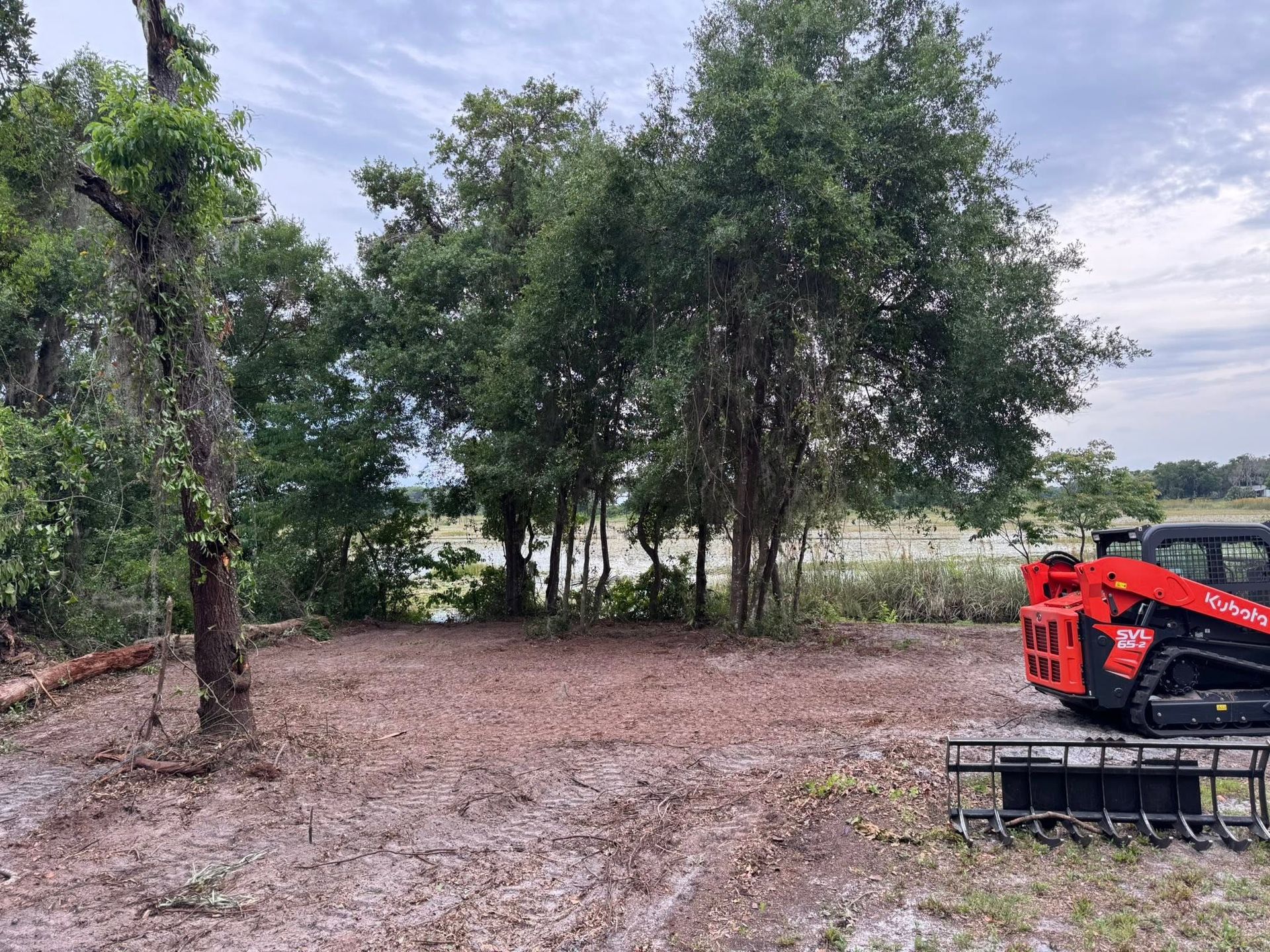 Dirt clearing with trees in the background and a red construction machine at right