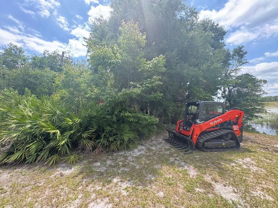 Small red excavator parked beside dense green bushes under a bright, cloudy sky.