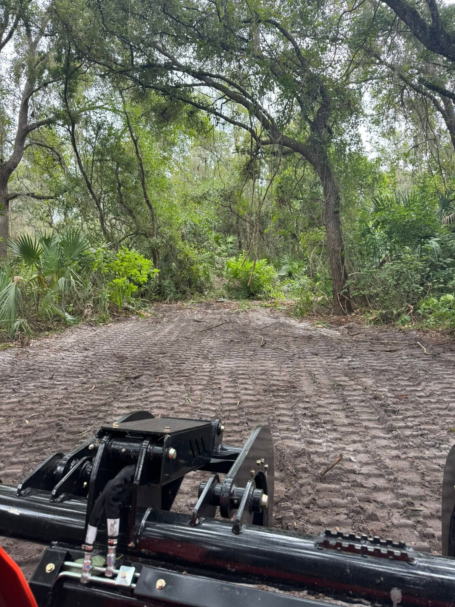 Black bulldozer blade on a muddy trail in a wooded area