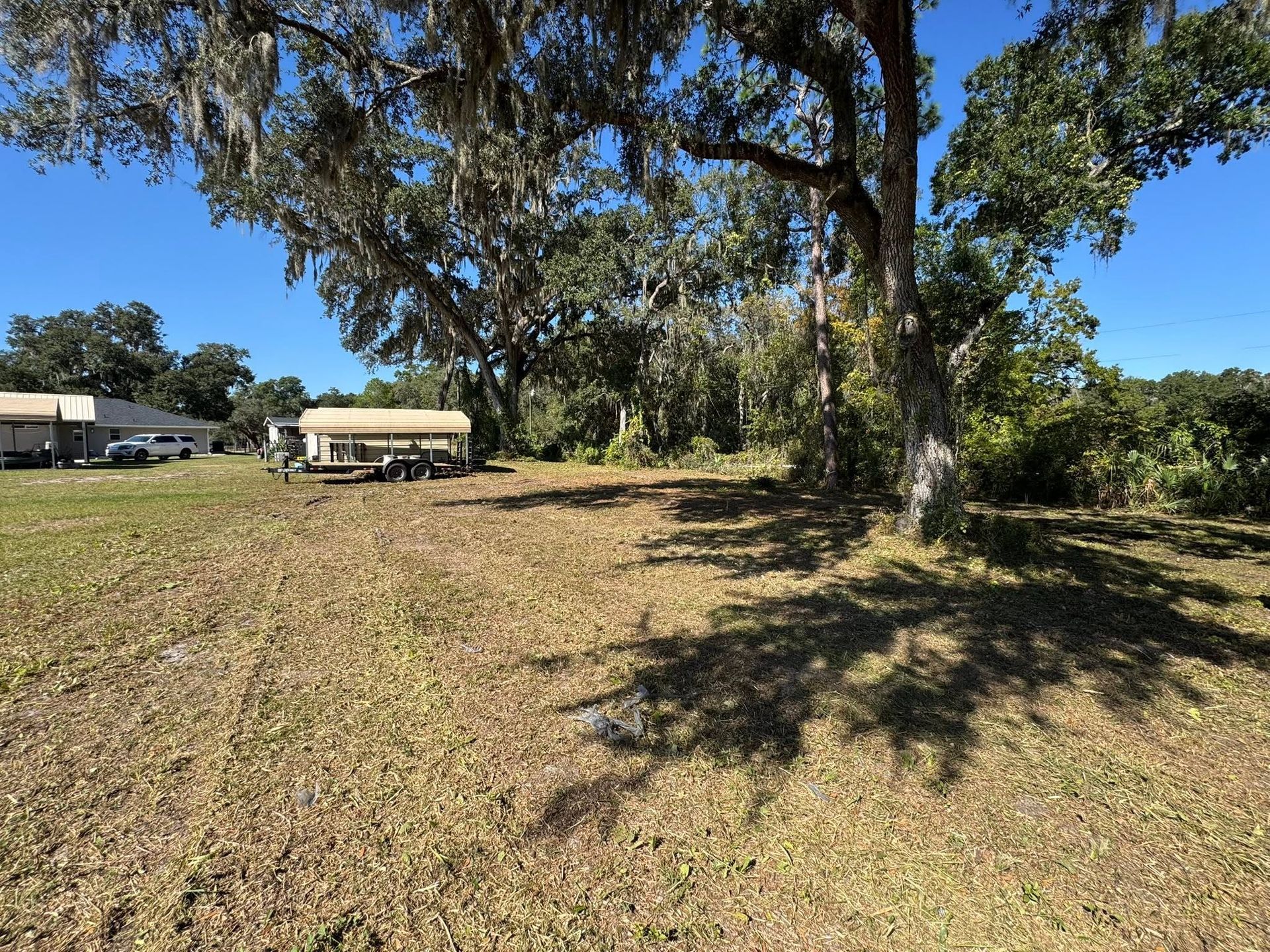 Grassy field with large oak trees, a white RV, and a house under a clear blue sky