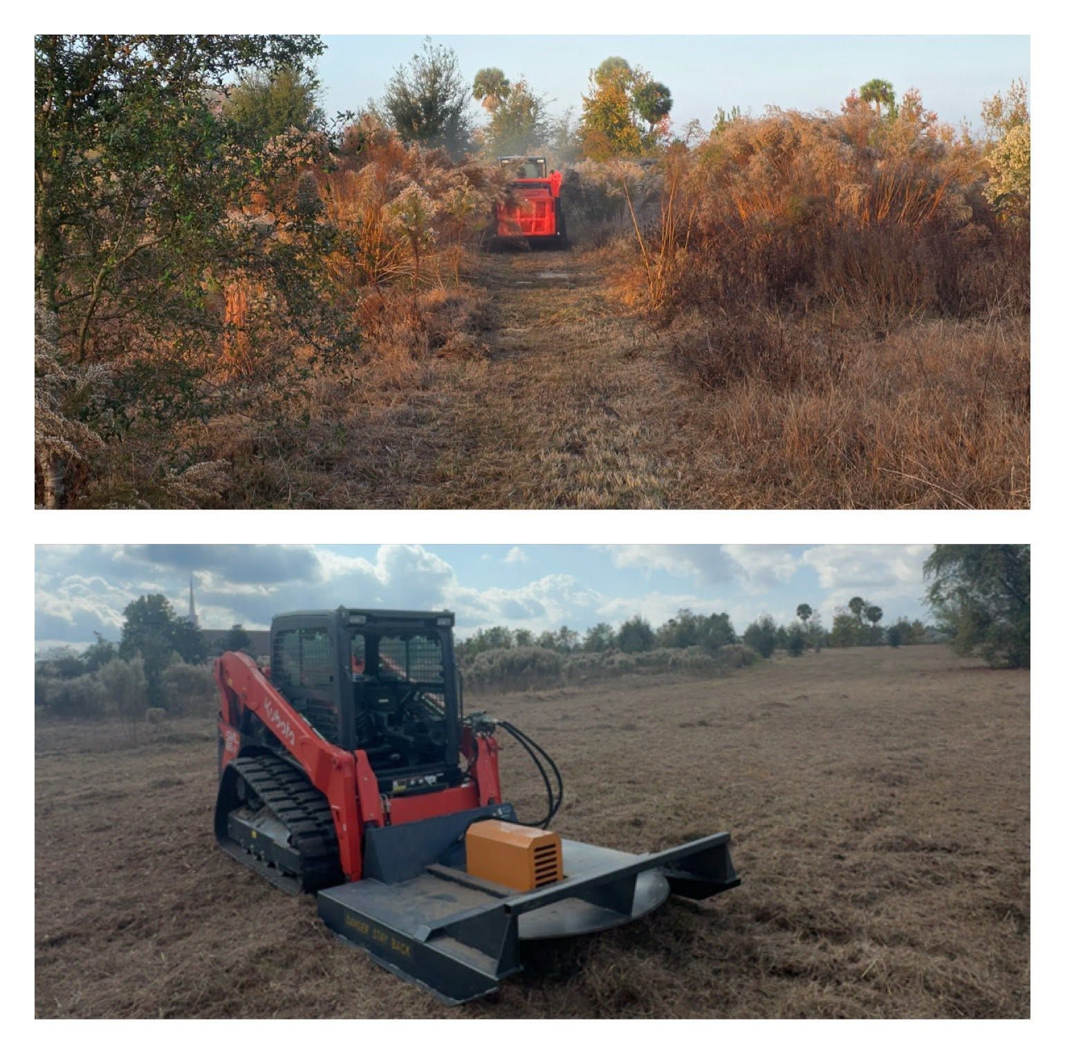 Brush-clearing scene with a red tracked skid steer on dry land and a distant red machine in autumn brush