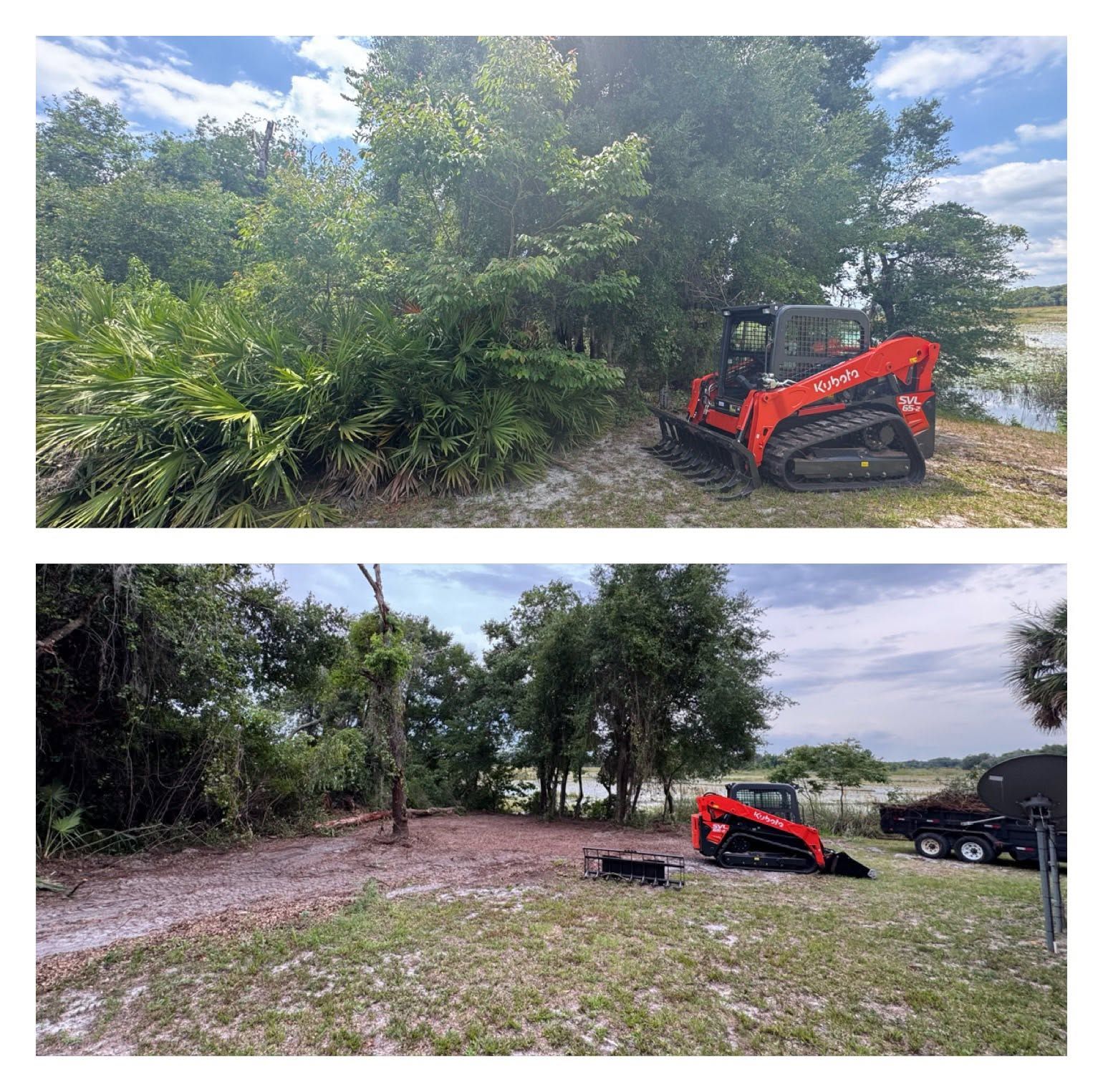 Two-panel view of a red mini excavator clearing brush beside a wooded lot under a cloudy sky
