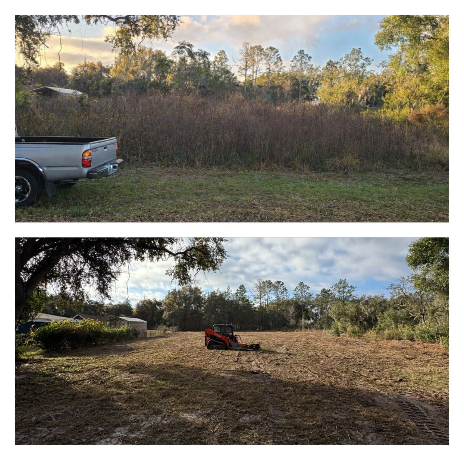 Before and after yard clearing: overgrown field with a pickup truck, then a mowed lot with a red tractor