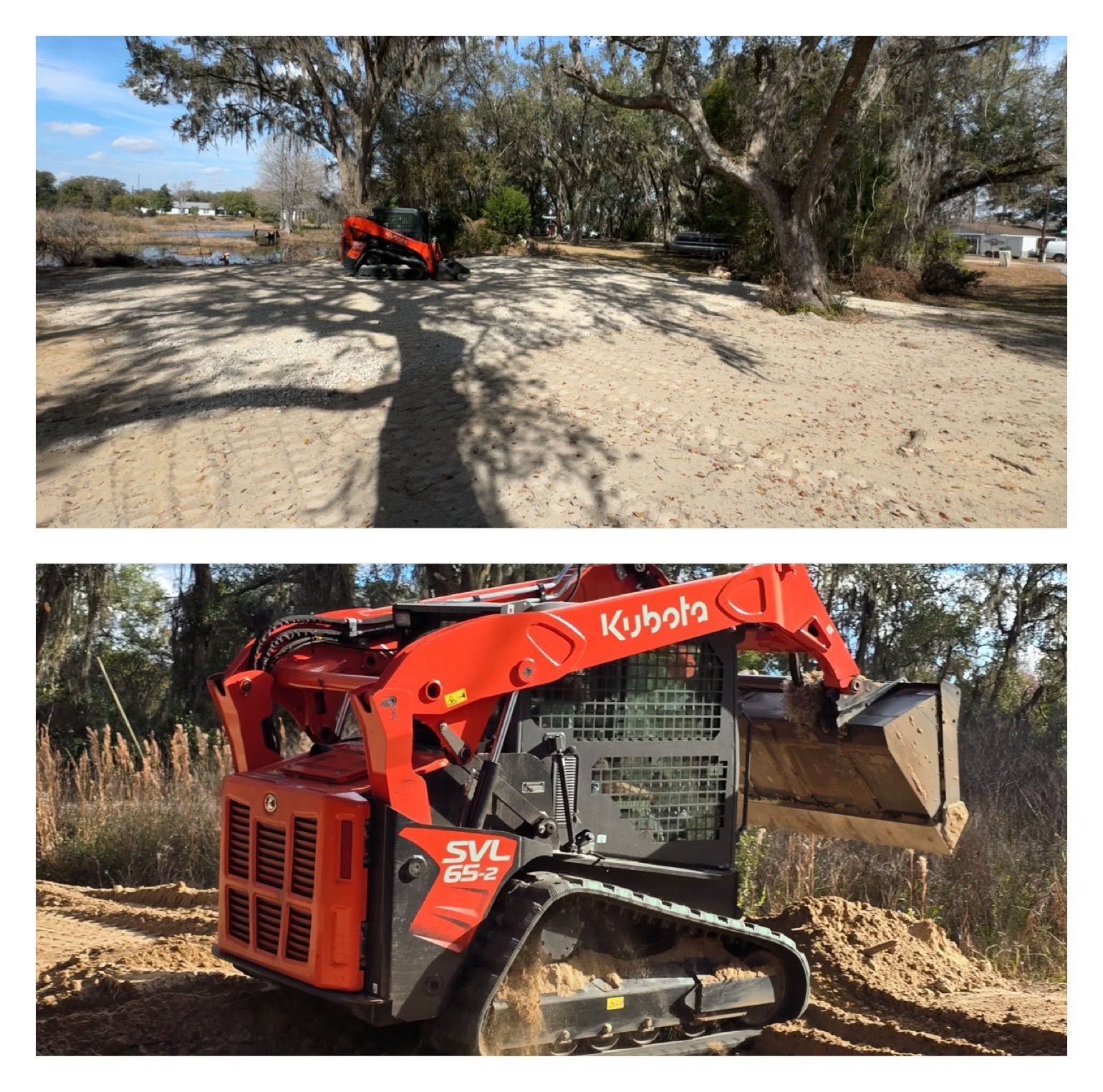 Red Kubota tracked skid steer under trees, with dirt bucket in a sandy yard.