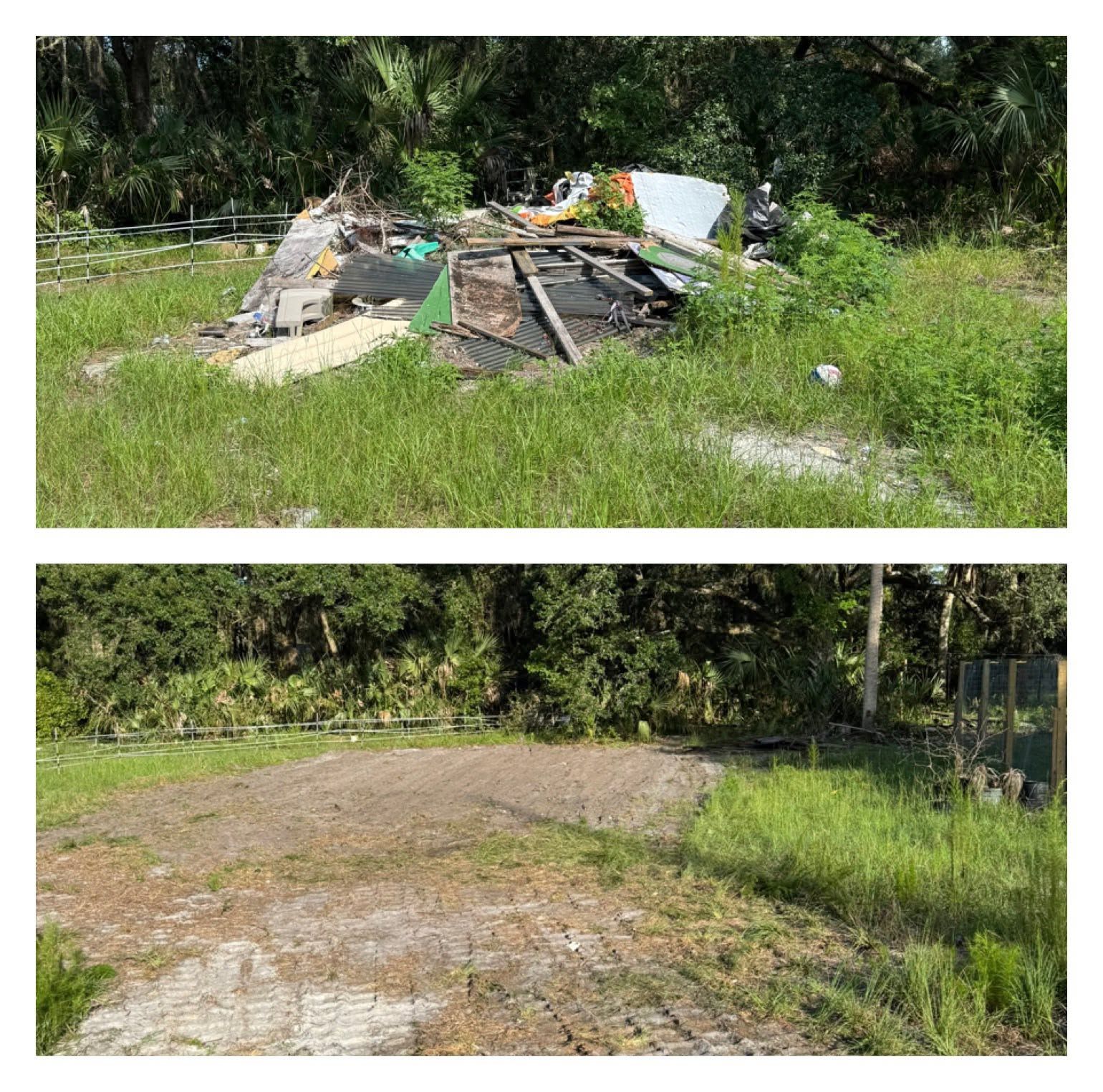 Before-and-after view of a cleared debris pile on a grassy lot beside trees and brush.