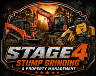 Logo for Stage 4 Stump Grinding & Property Management with orange and yellow excavators in a forest backdrop