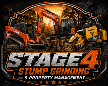 Logo for Stage 4 Stump Grinding & Property Management with orange and yellow excavators in a forest backdrop