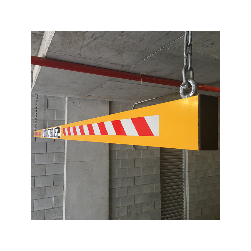 Height clearance bar hanging from the basement entry soffit
