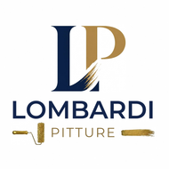 Lombardi Pitture logo Logo di Lombardi Pitture con monogramma LP blu navy e oro e un’icona di rullo per dipingere
