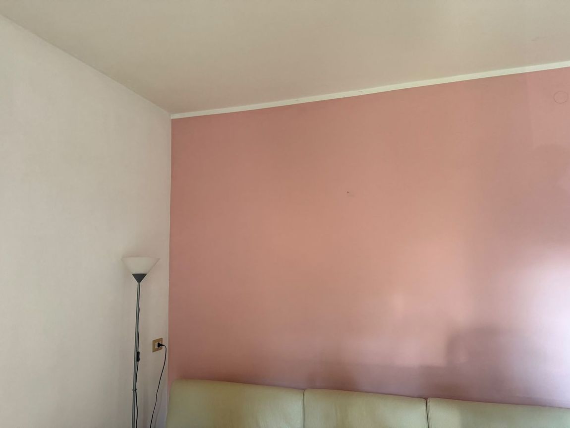 Angolo minimalista di una camera da letto con una parete d’accento rosa, una parete bianca e una lampada da terra nell’angolo