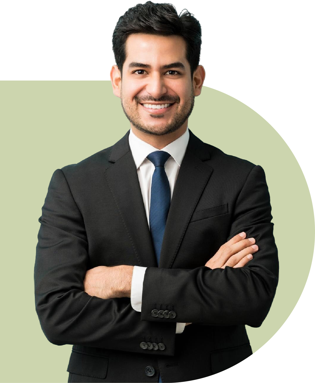 Smiling professional in a black suit with arms crossed against a light green circle backdrop