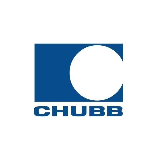 A blue and white chubb logo on a white background