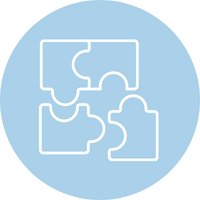 Three puzzle pieces are connected together in a blue circle.