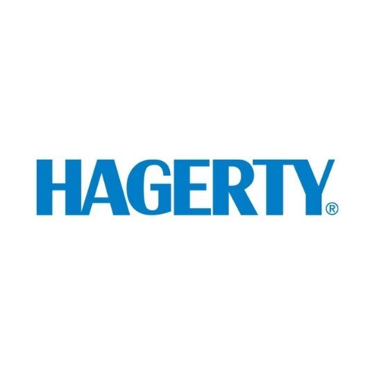 A blue hagerty logo on a white background