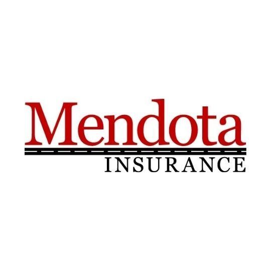 A red and white logo for mendota insurance