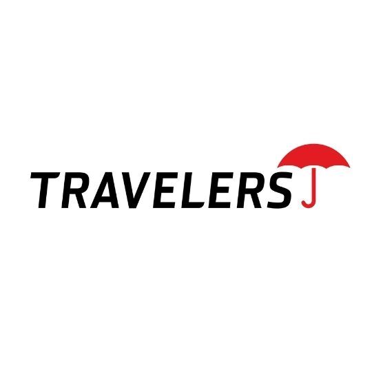 The logo for travelers j is a red umbrella on a white background.