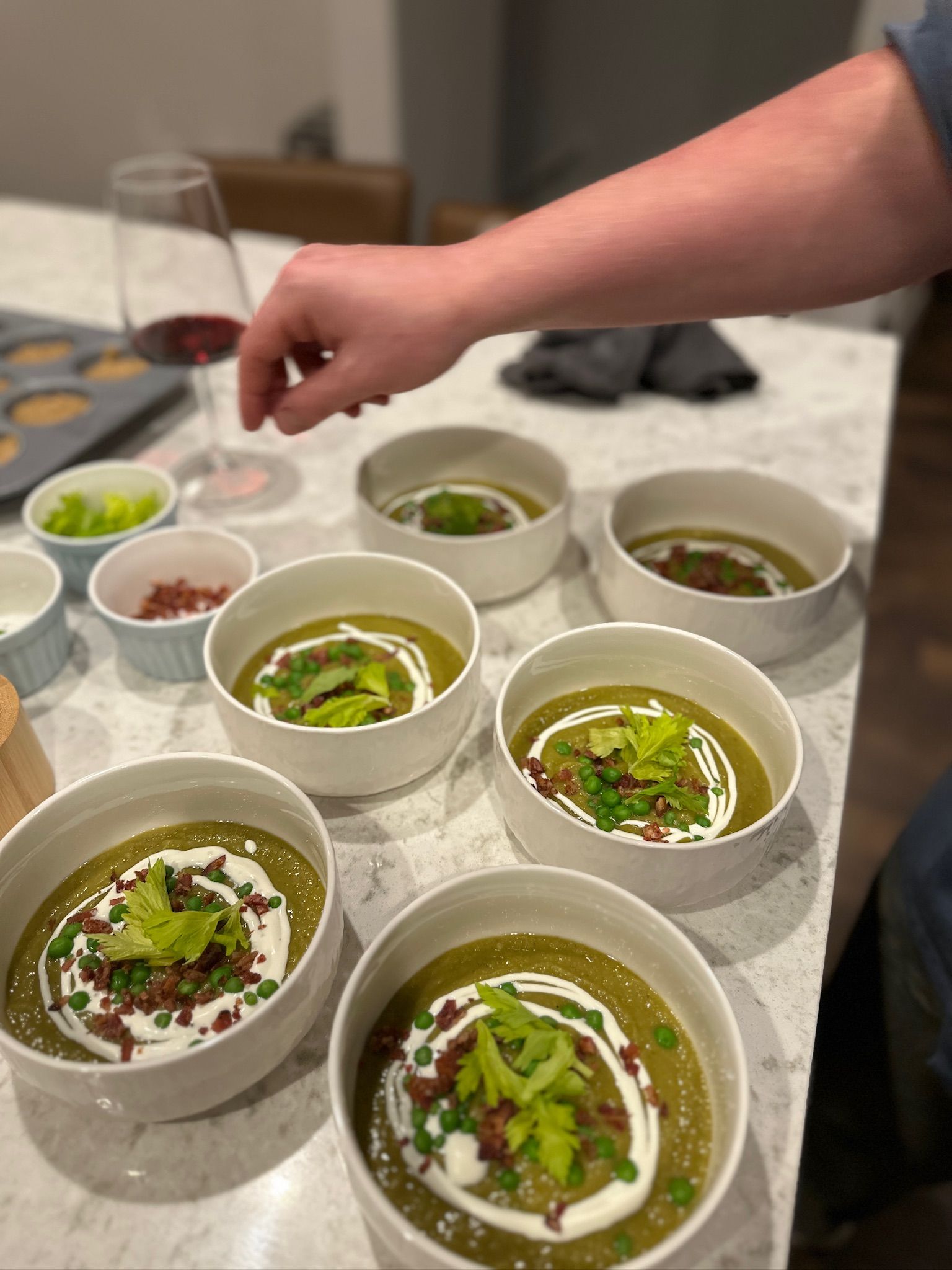 Split Pea Soup w/ Crema, Bacon bits, Peas, and Fresh Parsley