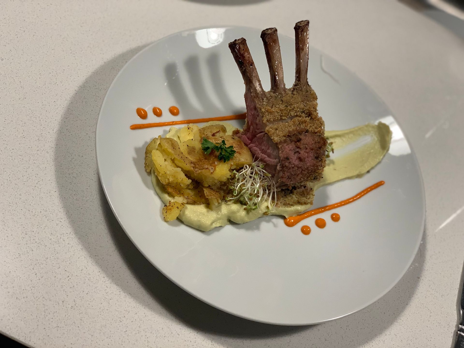 Rack of Lamb with Parsnip Puree, Potatoes, and Harissa