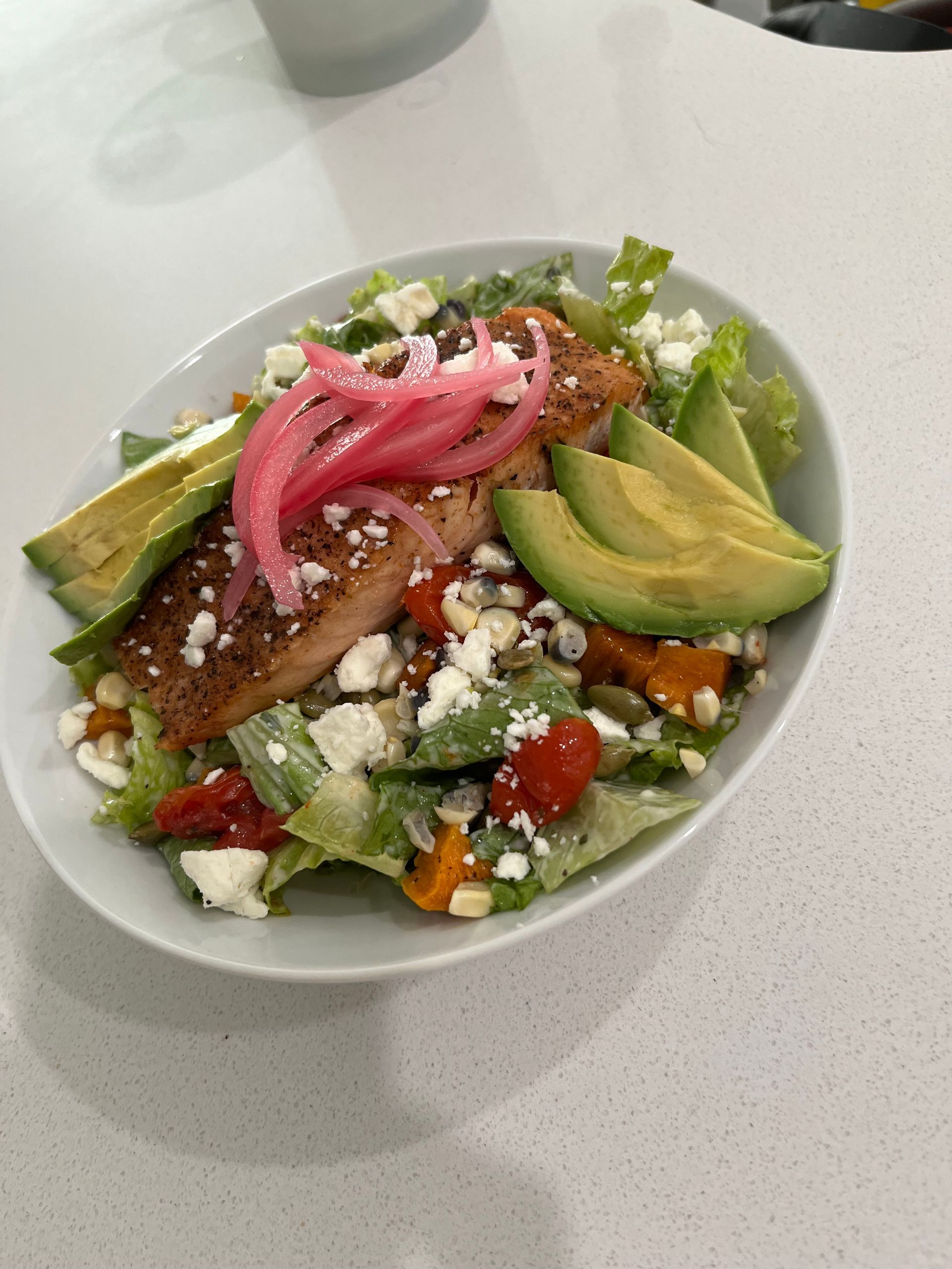 Salmon Salad with feta cheese, pickled onions, etc. 