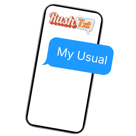 Tilted smartphone with RushTxt logo and blue chat bubble saying “My Usual.”