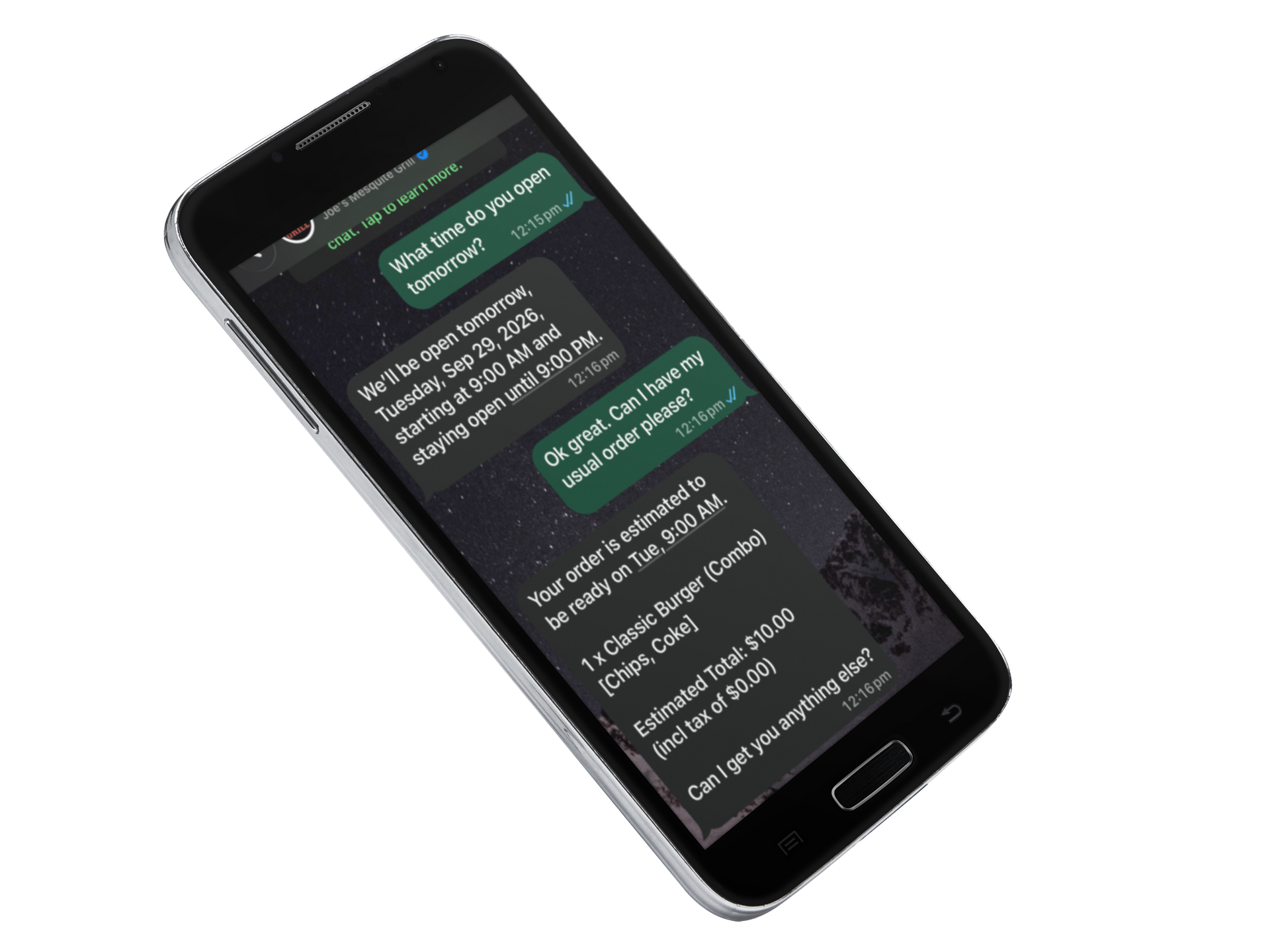 Placeholder: phone showing a WhatsApp order chat