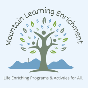 a logo for mountain learning enrichment with a tree and mountains in the background .