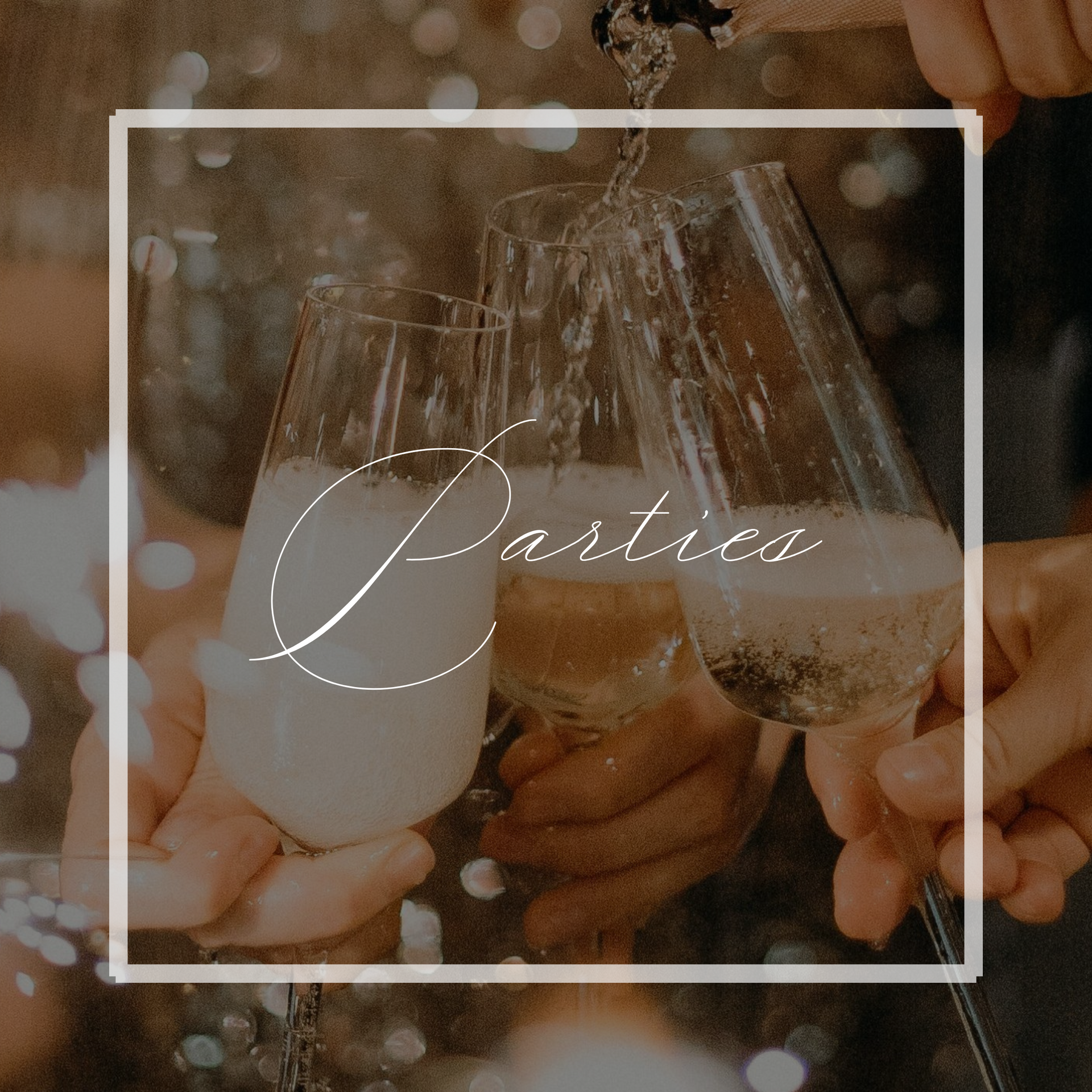 Three champagne flutes clinking for a toast; the word 