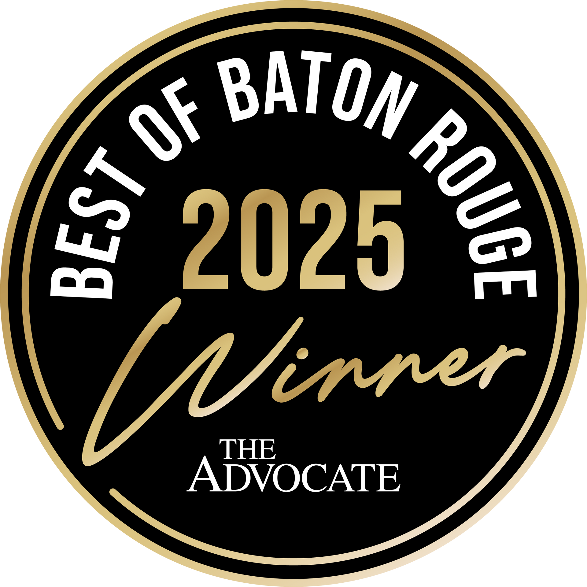 Best of Baton Rouge 2025 Winner seal. Black circle with gold accents, text, and