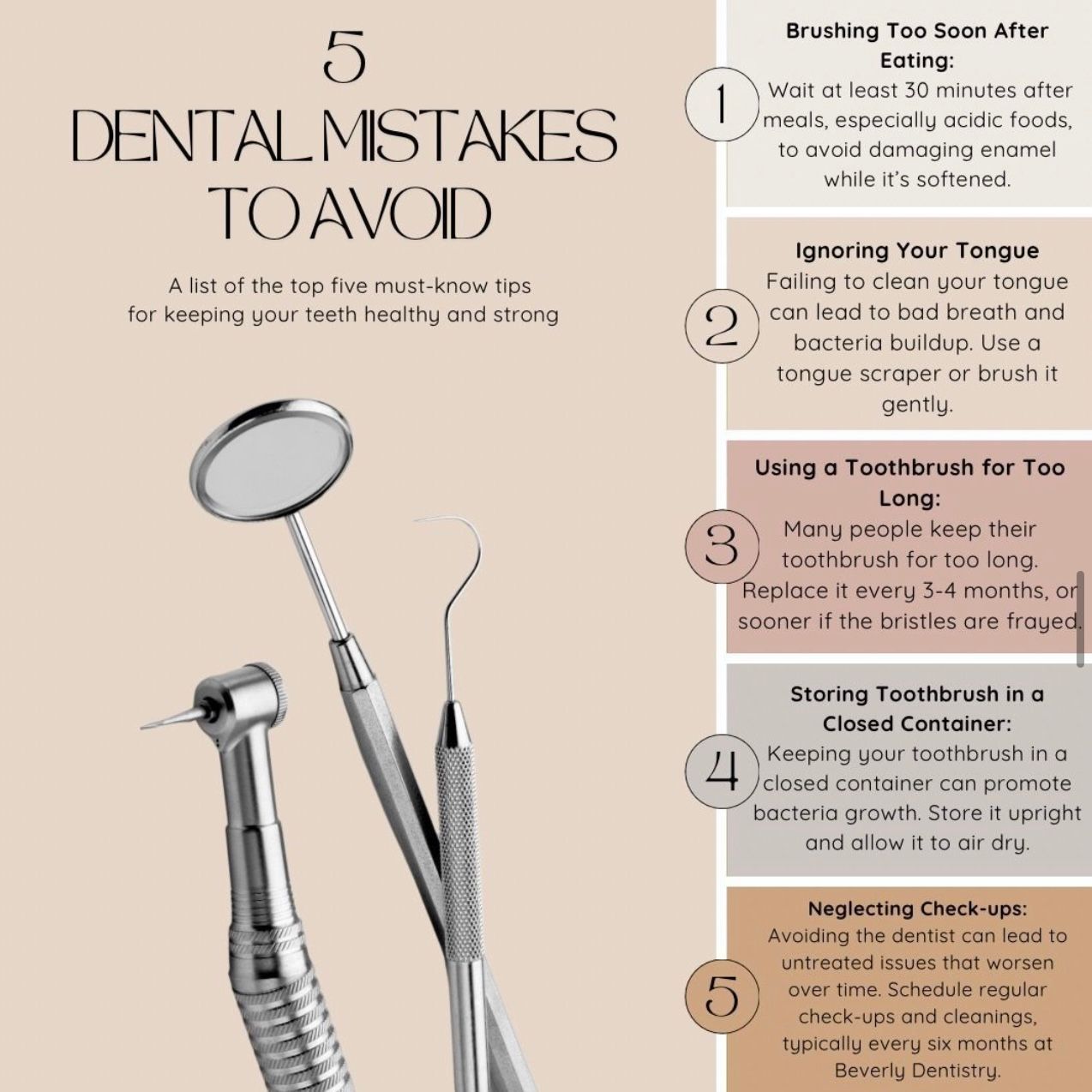 Infographic titled “5 dental mistakes to avoid” with dental tools and numbered hygiene tips.
