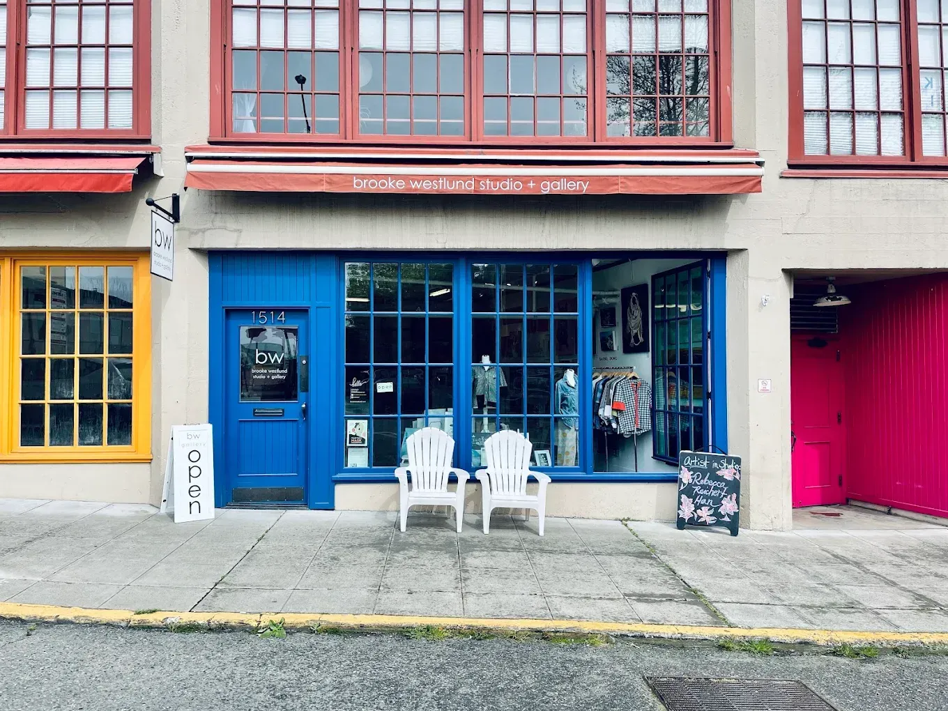 photo of art studio with a blue door