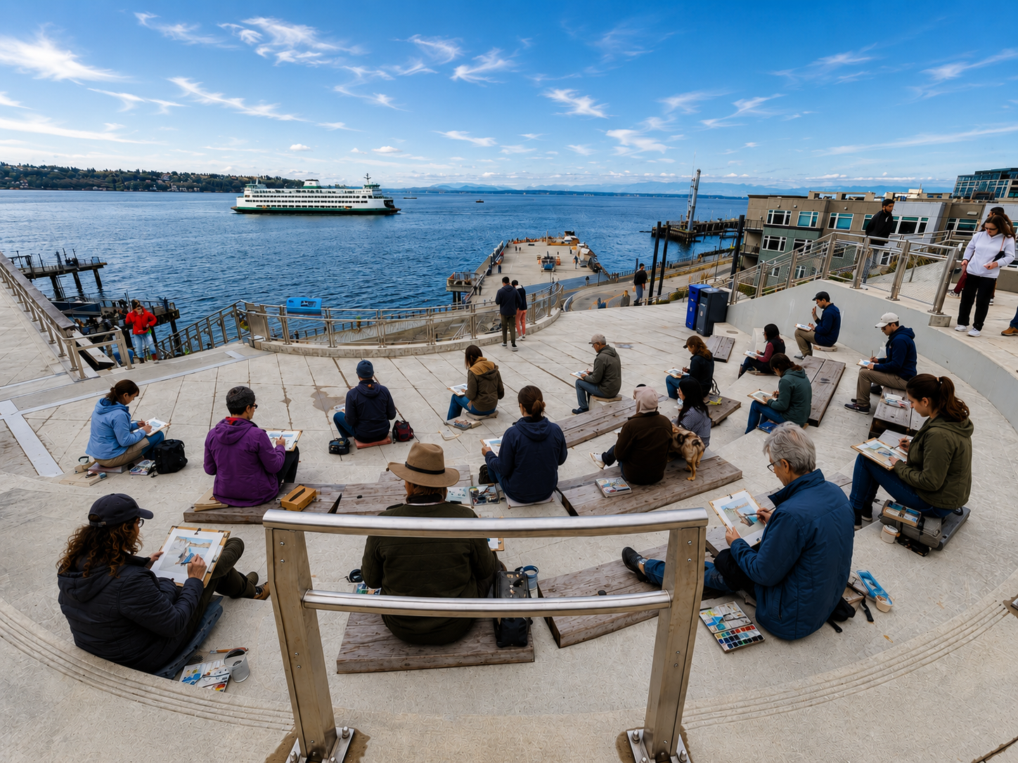 people painting a ferry, sitting on large steps