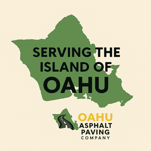Green Oahu map with text: Serving the Island of Oahu. Smaller map with asphalt road icon.
