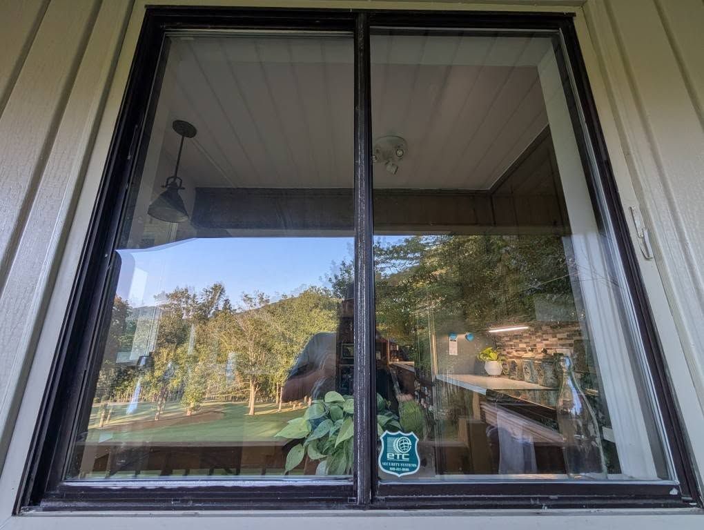 Sliding glass window with a dark frame reflecting a tree-filled outdoor scene and interior.