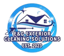 Logo for E&G Exterior Cleaning Solutions: blue circle, house graphic, pressure washer, text "E&G Exterior Cleaning Solutions EST. 2023."