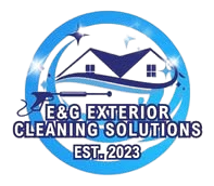 Logo for E&G Exterior Cleaning Solutions: blue circle, house graphic, pressure washer, text "E&G Exterior Cleaning Solutions EST. 2023."