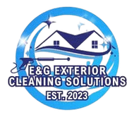 Logo for E&G Exterior Cleaning Solutions: blue circle, house graphic, pressure washer, text "E&G Exterior Cleaning Solutions EST. 2023."