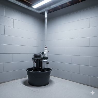 Sump pump in a gray-walled basement corner. Pump in black basin, white pipe extends upward.