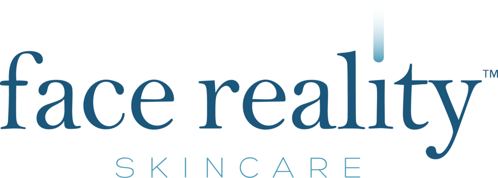Logo for Face Reality Skincare in dark teal with a vertical gradient, and 