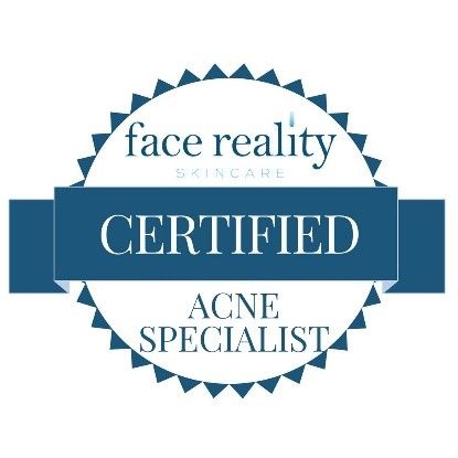 Face Reality Skincare Certified Acne Specialist badge, blue and white, text.